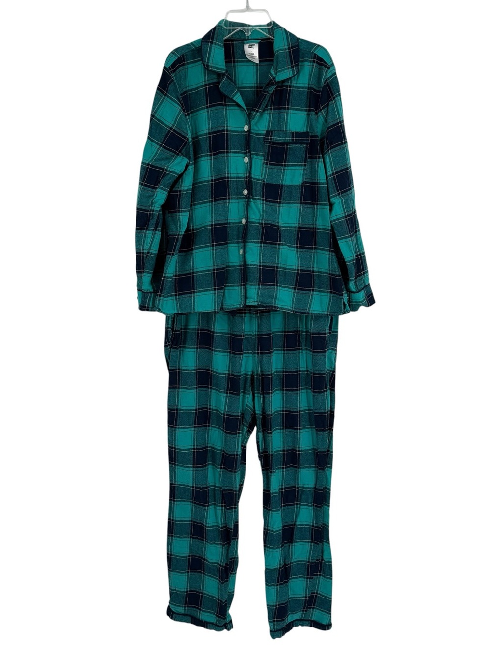 Lands End Green Plaid Flannel Pajama Set Long Sleeve Button Up Women's Size L